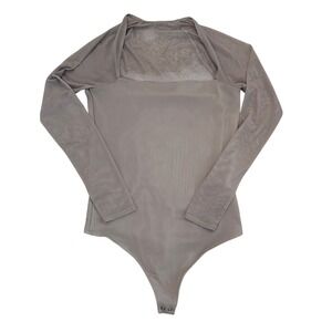 Abercrombie & Fitch Bodysuit Square Neck Sheer Long Sleeve Neutral Taupe Top Med